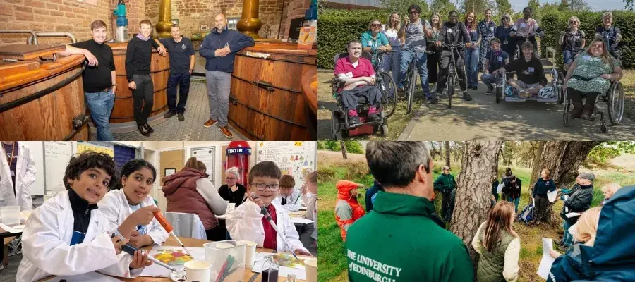 collage of 4 images: Four men standing beside whisky barrels, A group of learners outside the Superlab at Castlebrae Community Campus, A group of University of Edinburgh at a woodland site, Three children pictured with science tools in a classroom